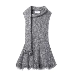 Winter New Temperament Fashion Scarf Collar Sleeveless Gray Knitted Dress - View 1