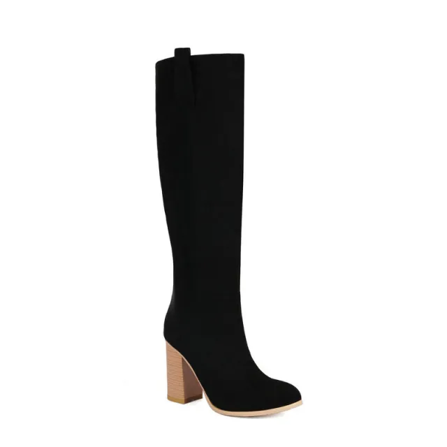 Long Boots Female Suede Chunky Heel Round Toe Black - Shop at LoveMi