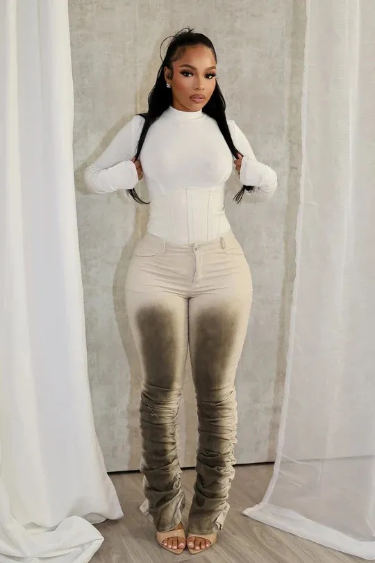 Fashionable Sexy Slim fit Distressed Retro style Stacked Pants Ivory White - Shop at LoveMi