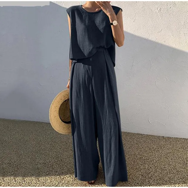 Cotton And Linen Casual Sleeveless Top Wide Leg Pants Two piece Set Navy Blue - Shop at LoveMi