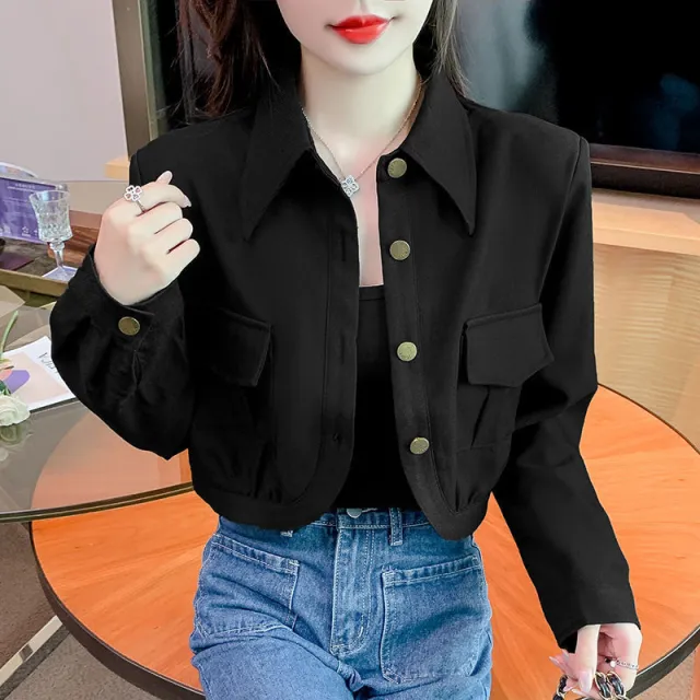 High end Short Long Sleeve All match Slimming And Short Sweet Top Black - Shop at LoveMi