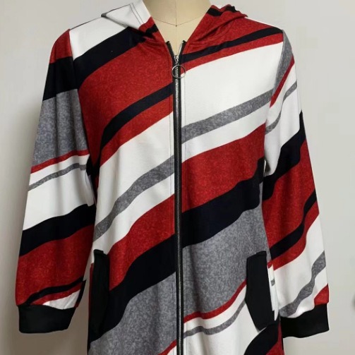 European And American Loose Striped Hooded Zip Long Sleeve Coat