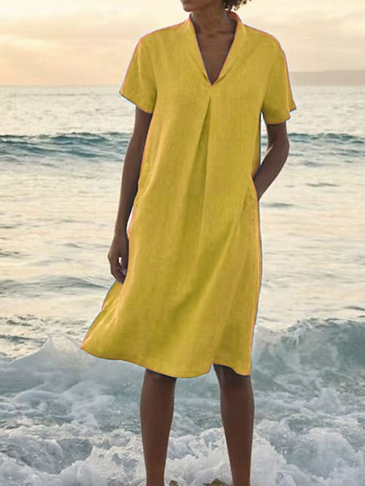 Women's Casual Loose Fashion Retro Cotton Linen Short Sleeve V-neck Pocket Dress
