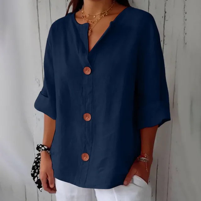 Loose Comfort And Casual V neck Cotton And Linen Button Top Blue - Shop at LoveMi