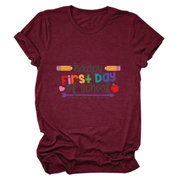 Loose Women's Short sleeved Shirt Happy First Day Of School Wine - Shop at LoveMi