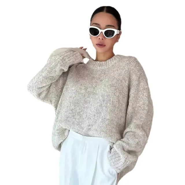 Women's Round Neck Long Sleeve Drop shoulder Sleeve Sweater Apricot - Shop at LoveMi