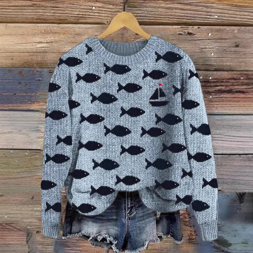 Women's Casual Loose Button-down Round-neck Sweater