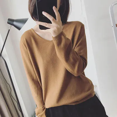V neck Pullover Long Sleeve Sweater Camel - Shop at LoveMi