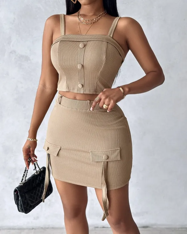 Buttoned Square neck Camisole Top With Flap detail Skirt Two piece Set Coffee - Shop at LoveMi