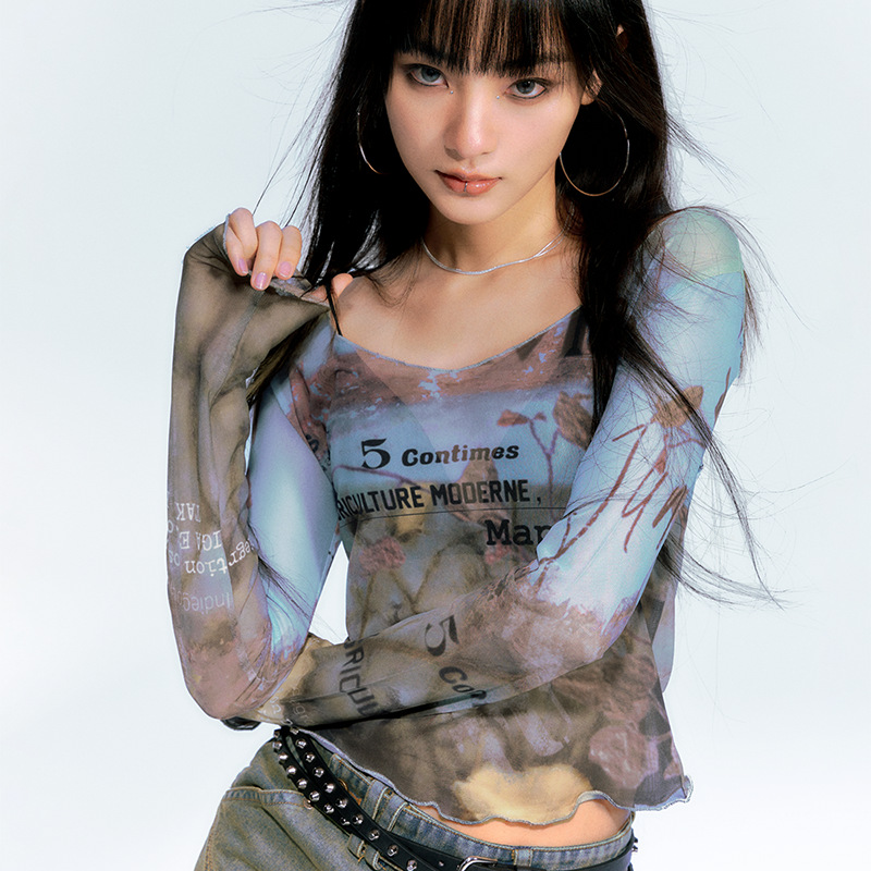 Oil Painting Mesh Floral Print Slim-fit Short Top Summer Casual Sun-proof