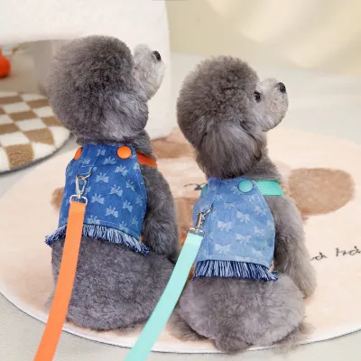 Pet Dog Chest And Back Traction Spring And Summer Denim Clothing