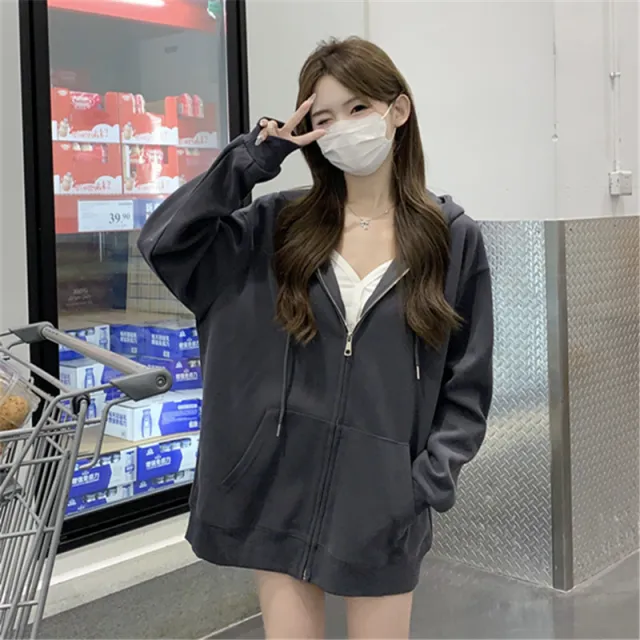Hooded Loose All matching Zipper Cardigan Sweater Dark Gray - Shop at LoveMi