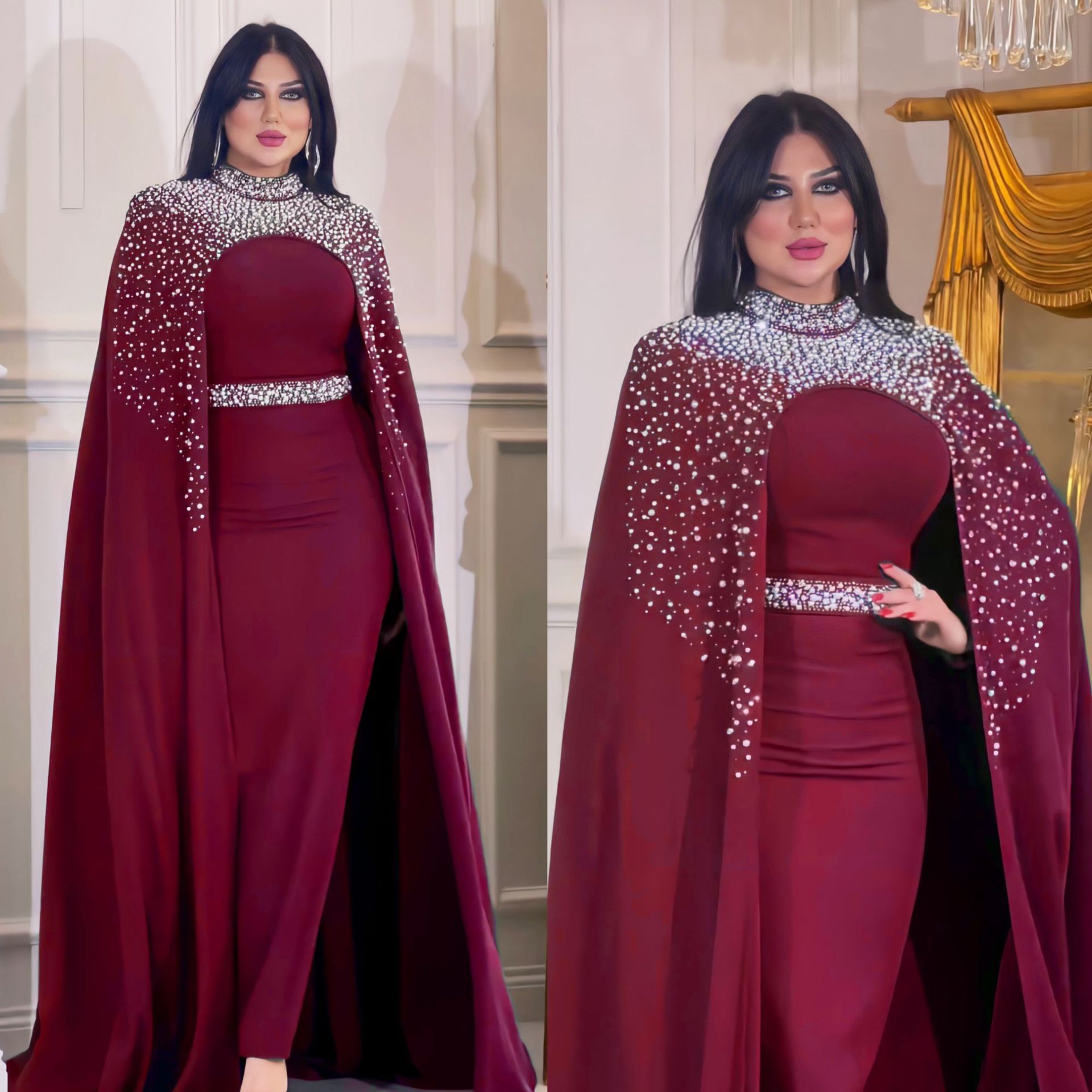 Middle East Muslim Rhinestone Beaded Heavy Industry Two piece Suit Dress Robe Z267 Wine Red - Shop at LoveMi