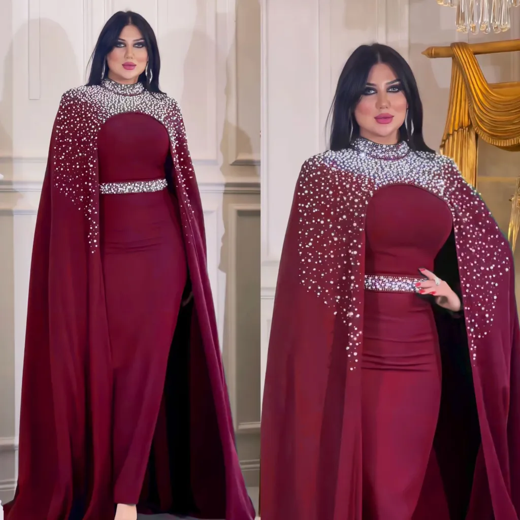 Middle East Muslim Rhinestone Beaded Heavy Industry Two-piece Suit Dress Robe - Z267 Wine Red
