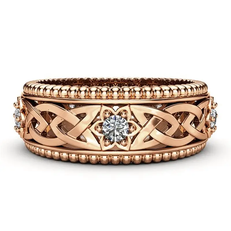 14k Plated White Diamond Ring Hollow Pattern Wedding Ring