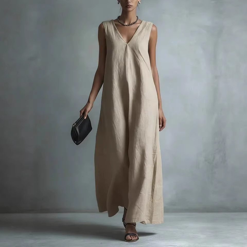 Women's Casual V-Neck Sleeveless Cotton-Linen Dress