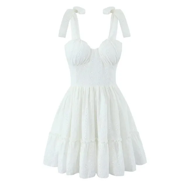 Sweet Cutout Embroidery Chic Lace Up Short Dress French Style V neck Lf1551 White - Shop at LoveMi