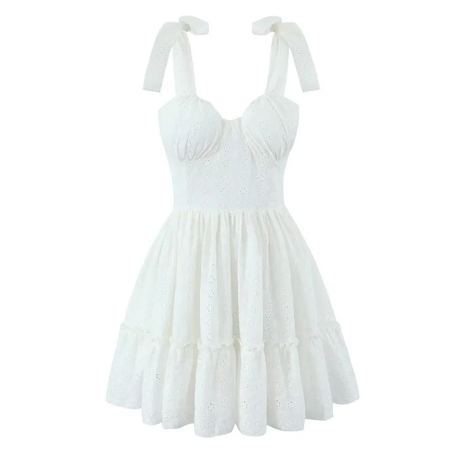Sweet Cutout Embroidery Chic Lace Up Short Dress French Style V-neck - Lf1551 White