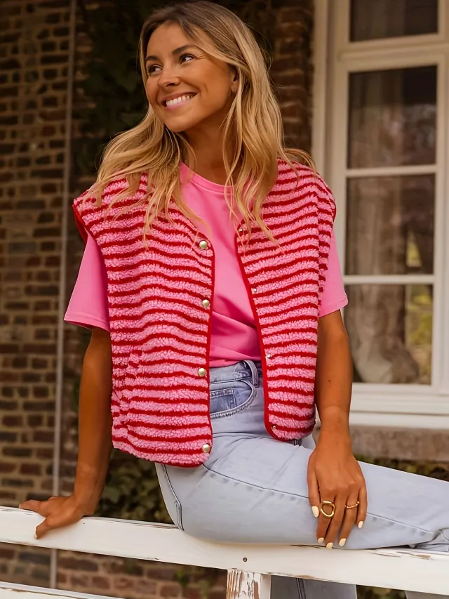Button Cardigan Striped Vest Coat Pink - Shop at LoveMi