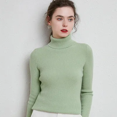 Women's Turtleneck Winter Thickened Base Slim Fit Inner Wear Woolen Sweater Bean Green - Shop at LoveMi