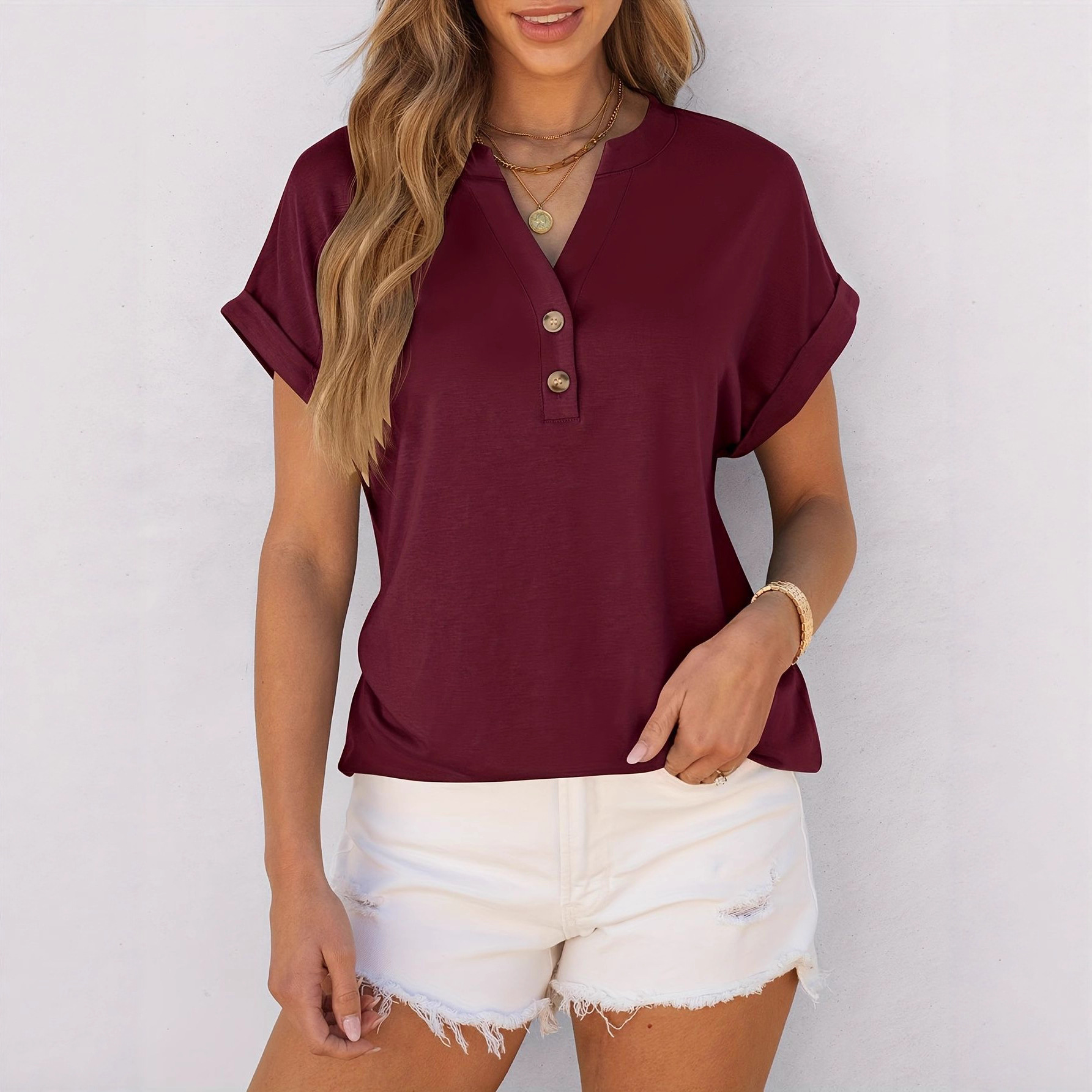 Summer Basic Short-sleeve Top V-neck Buttoned Short Sleeves