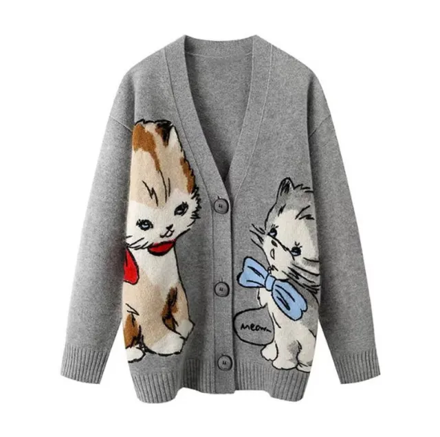 Cartoon Cat Jacquard Pattern Knitted Long Sleeve Gray - Shop at LoveMi