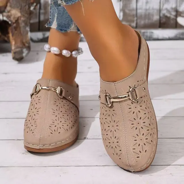 Summer New Closed Toe Metal Buckle Hollowed Women's Shoes Beige - Shop at LoveMi