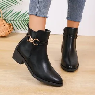 Chunky Heel Zipper Slip on Autumn And Winter Fashion Boots Women Black - Shop at LoveMi