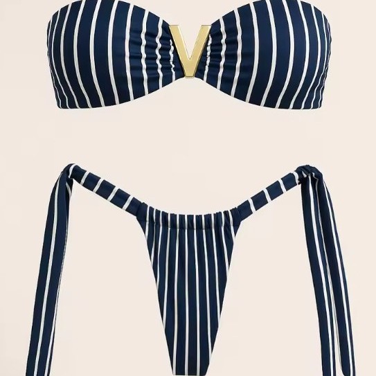 New Arrival Blue And White Striped Printed Bikini Swimsuit