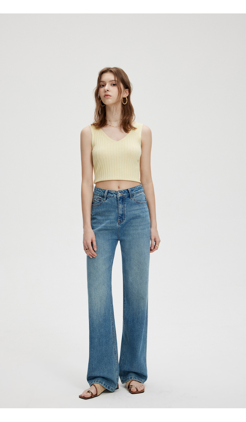 Front view of blue wide-leg jeans showing the button fastening, belt loops and front pockets