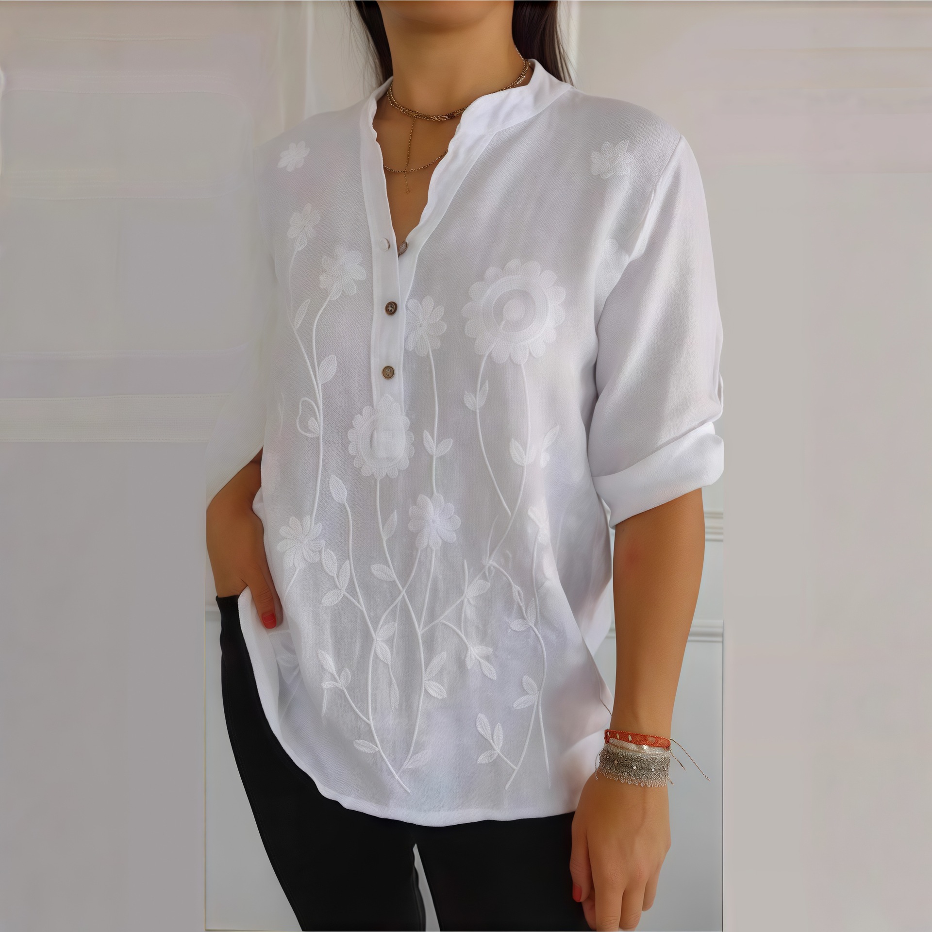 Women's Lace Embroidered Button V-Neck Shirt