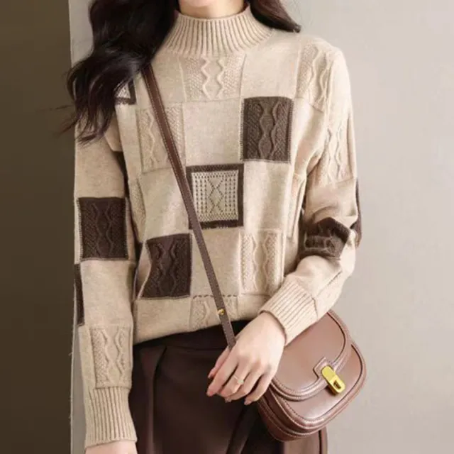 Women's High grade Color Matching Plaid Sweater Apricot - Shop at LoveMi