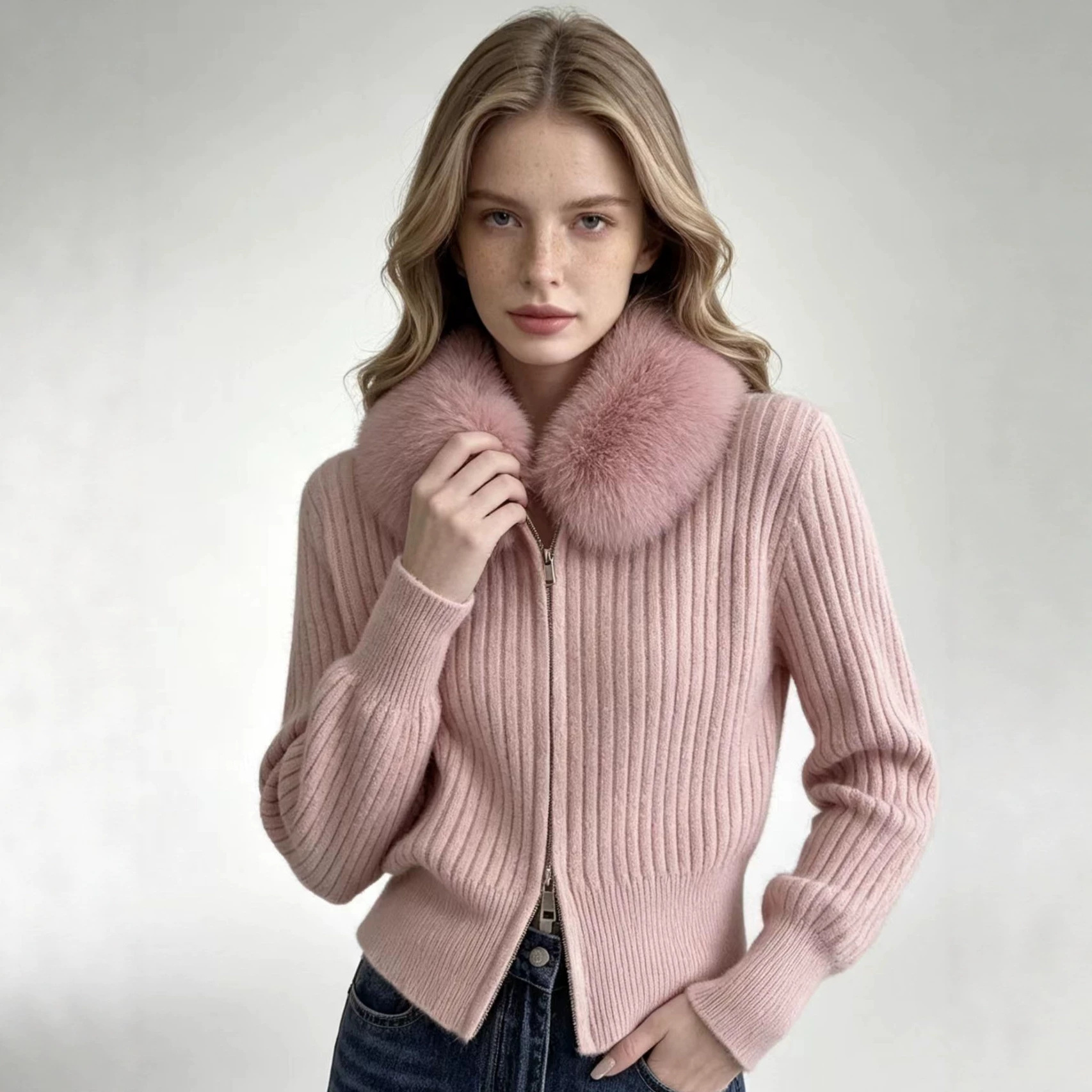 Loose-fitting Knitted Cardigan With A Fur Collar