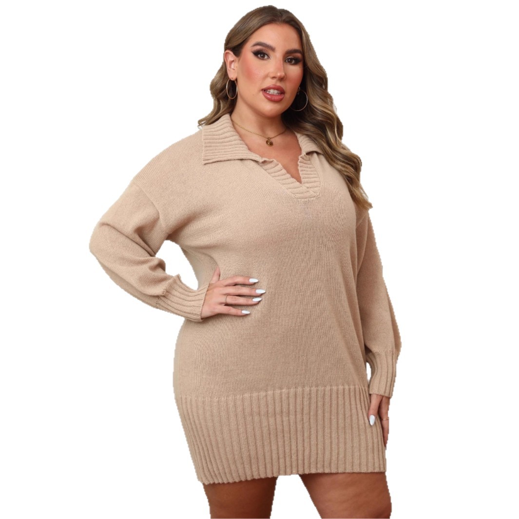 Plus Size Women's Polo Collar Hip Woven Dress Sweater