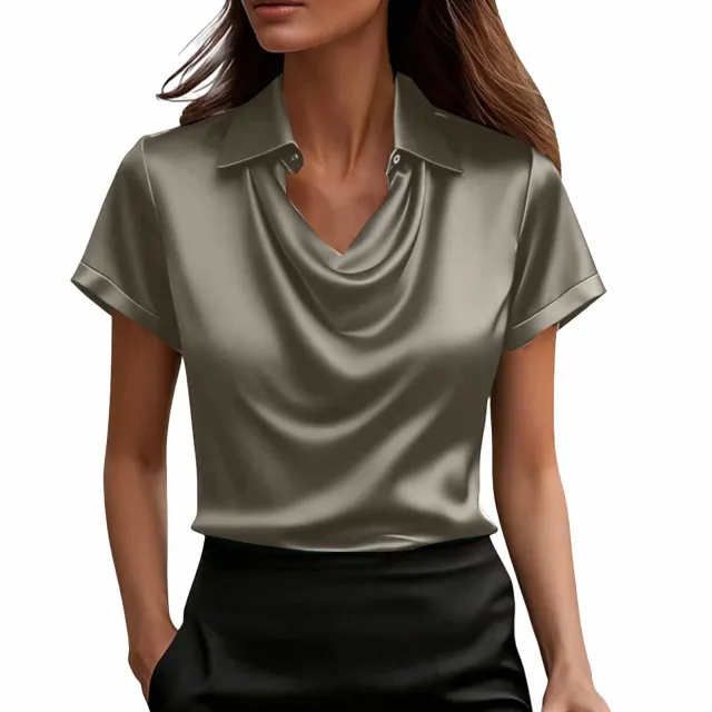 Fashionable Solid Color Casual Lapel Collar Button Down Short Sleeve Shirt Champagne L - Shop at LoveMi