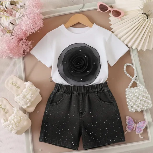 T shirt Gradient Denim Shorts Two piece Set Black - Shop at LoveMi