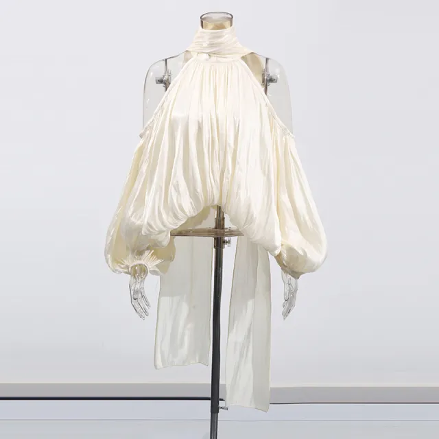 French Style Temperament Bow Lace up Off shoulder Chiffon Shirt Women's New Sweet Halter Puff Sleeve Loose Top Apricot - Shop at LoveMi