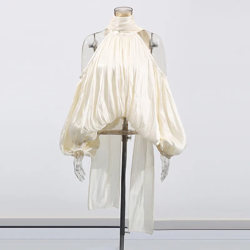 French Style Temperament Bow Lace-up Off-shoulder Chiffon Shirt Women's New Sweet Halter Puff Sleeve Loose Top - Apricot