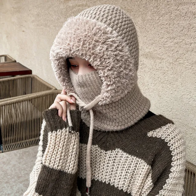 Fleece lined Thickened Knitting Warm Neck Protection Windproof Hat Khaki - Shop at LoveMi