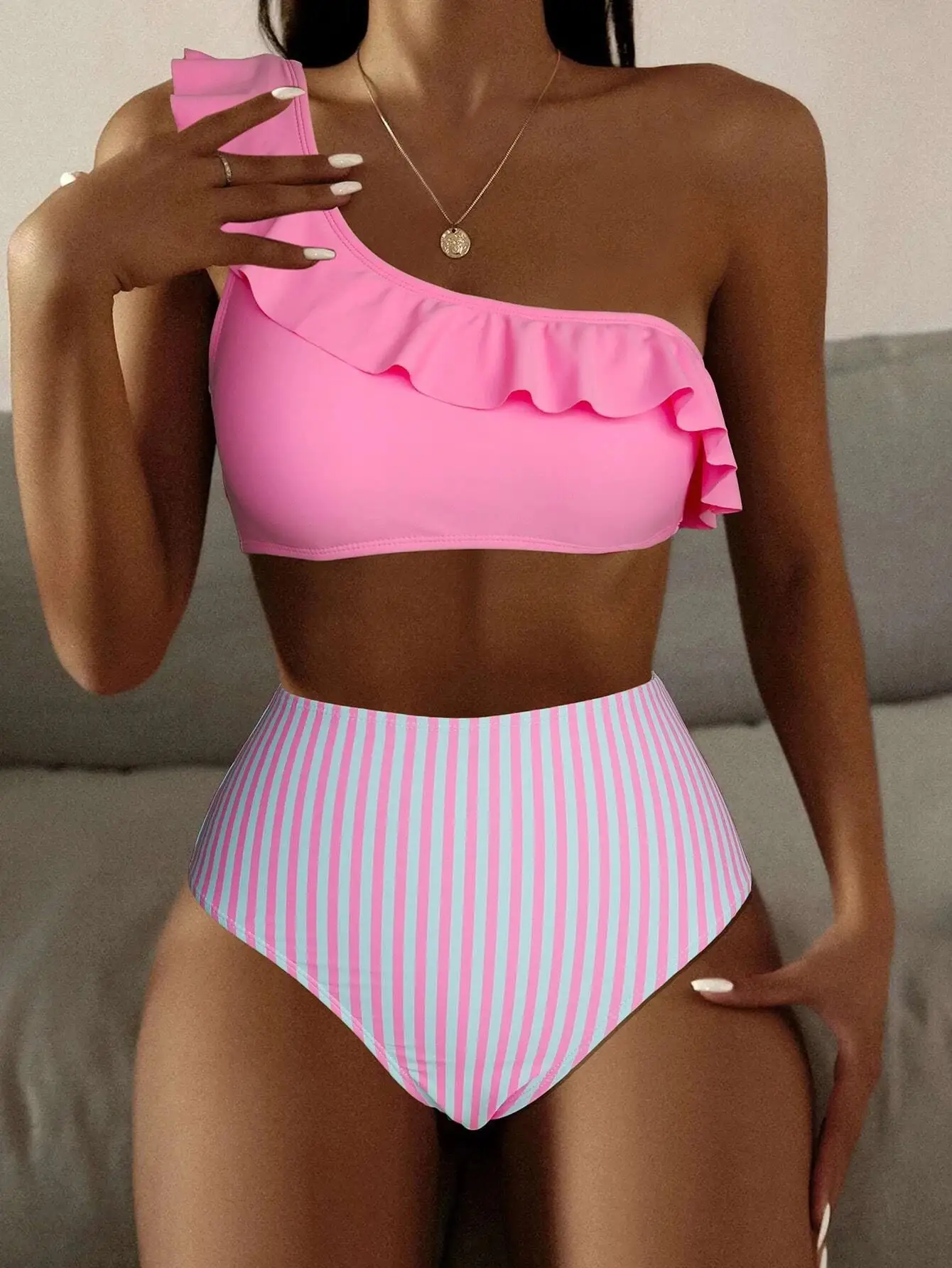 Striped Solid Color Split Bikini Women's Swimsuit