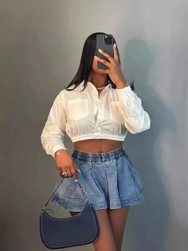 Women's Fashion All matching Solid Color High Waist Crimp Denim Skirt Blue - Shop at LoveMi