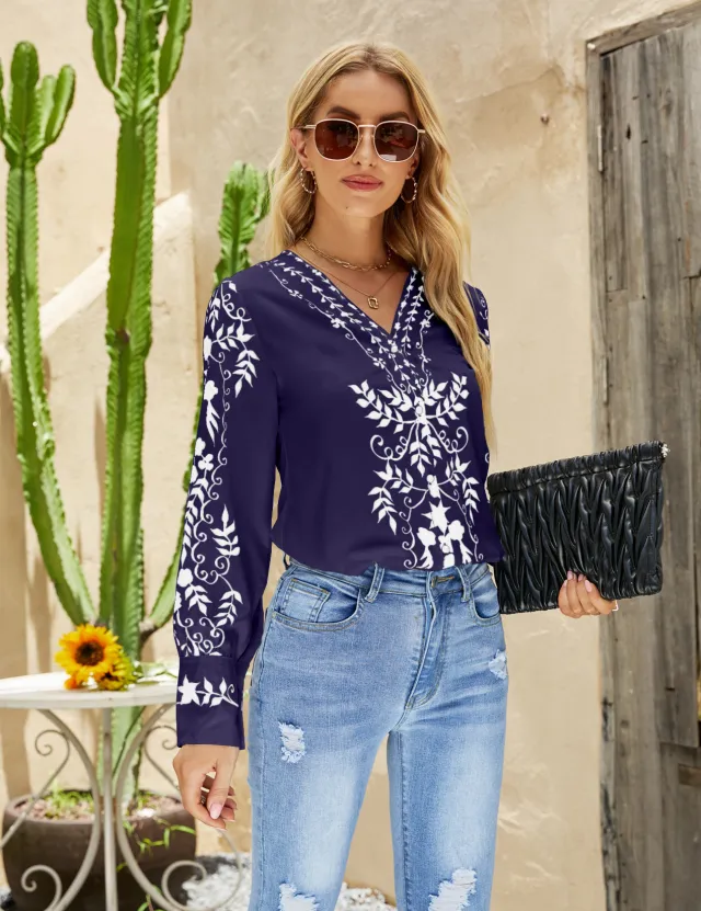 Women's Ethnic Print V neck Casual Shirt Navy - Shop at LoveMi
