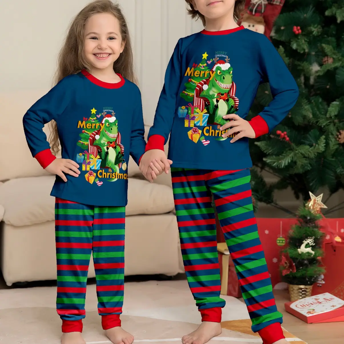 Tyrannosaurus Letter Christmas Tree Printing Parent-child Suit