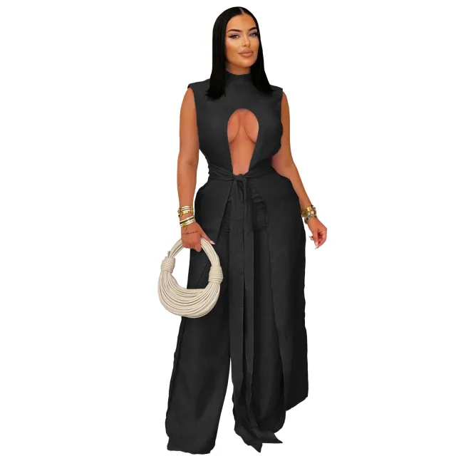 Fashion Women's Wear Sexy Solid Color Lace up Sleeveless Trousers Suit Black - Shop at LoveMi