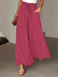 Polka Dot Print Trousers Fashion Loose Elastic Waist Wide-leg Pants Women's Clothing - Scarlet - View 1