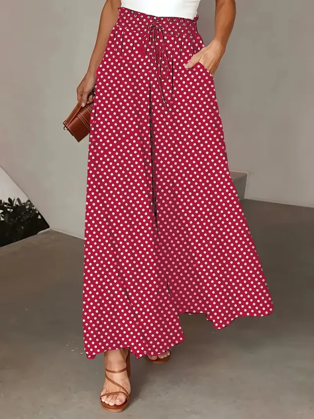 Polka Dot Print Trousers Fashion Loose Elastic Waist Wide leg Pants Women's Clothing Scarlet - Shop at LoveMi