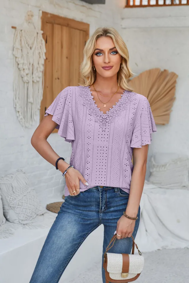 Women's Spring And Summer Lace Ruffle Sleeve Solid Color Loose Short Sleeve Purple - Shop at LoveMi