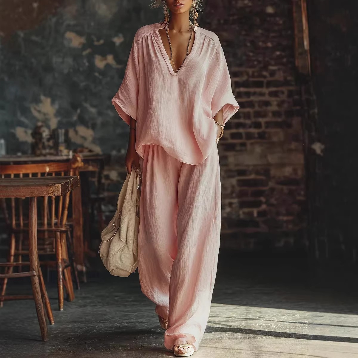 V-Neck Loose Short-Sleeve Top & Pants Set in Pink – feminine casual matching set