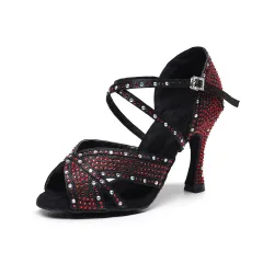 Women's Rhinestone Soft Bottom Latin Dance Shoes High Heel - Wine - View 1