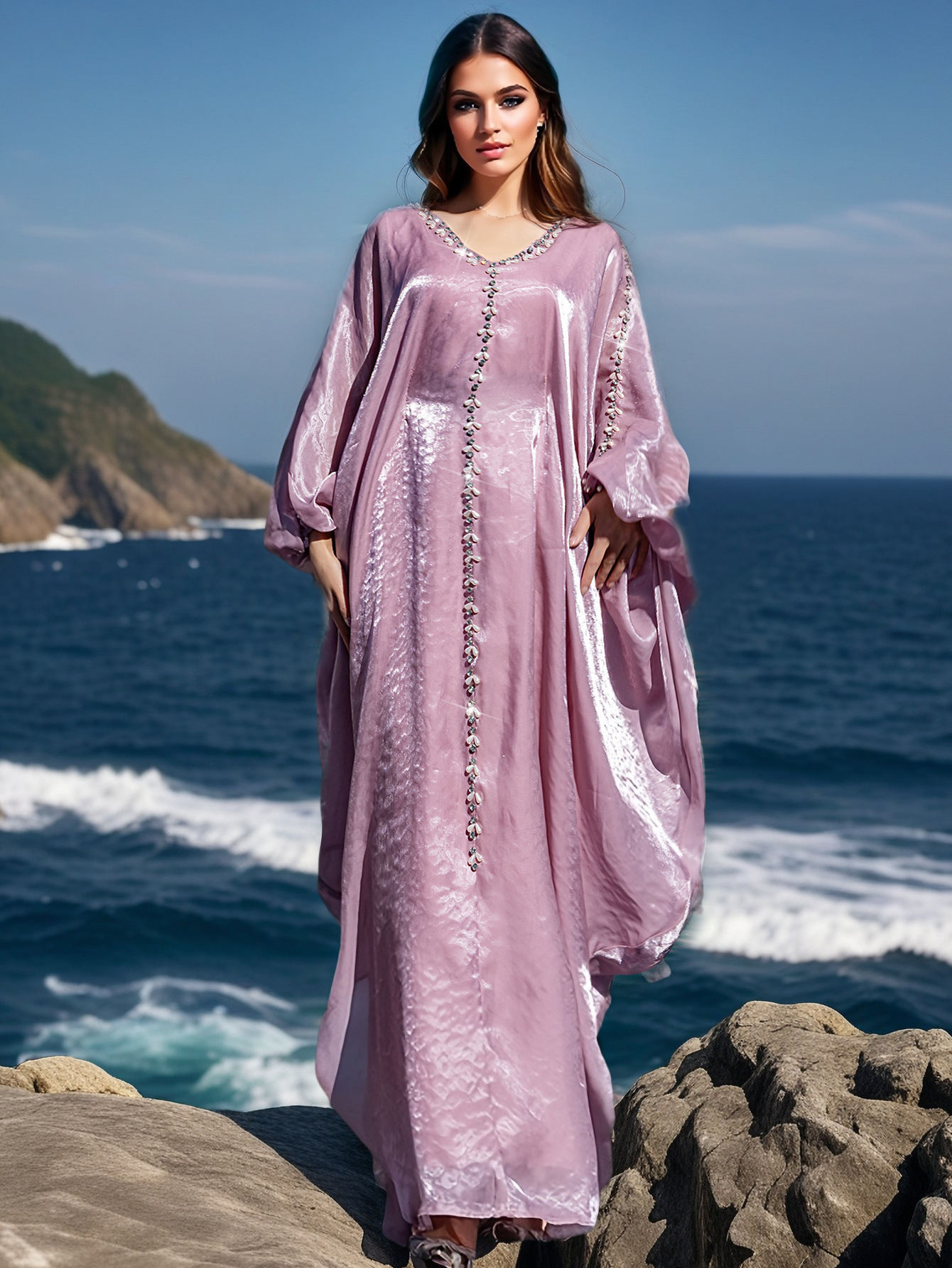 Pink maxi dress with cape sleeves - back view